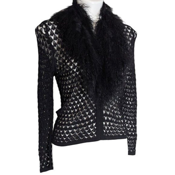 VTG Guess Collection Black Crochet Open Knit Faux Fur Curly Trim Cardigan Y2k - Picture 1 of 8